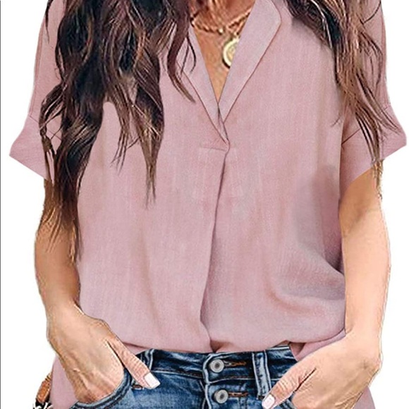 Othr Tops - Blouses for Women Casual V Neck Solid Color Womens Short Cuffed Sleeve Tops Pink